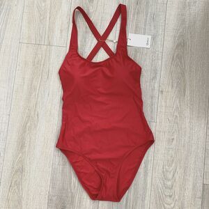 Quince Italian Cross Back One Piece Swimsuit Red Swim Bathing Suit Long Torso M